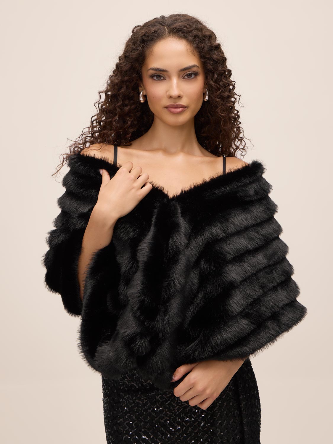Black Fur-Striped Shawl with Jewel Trim Closure - Woman Wearing Elegant Evening Cover-Up - Le Chateau