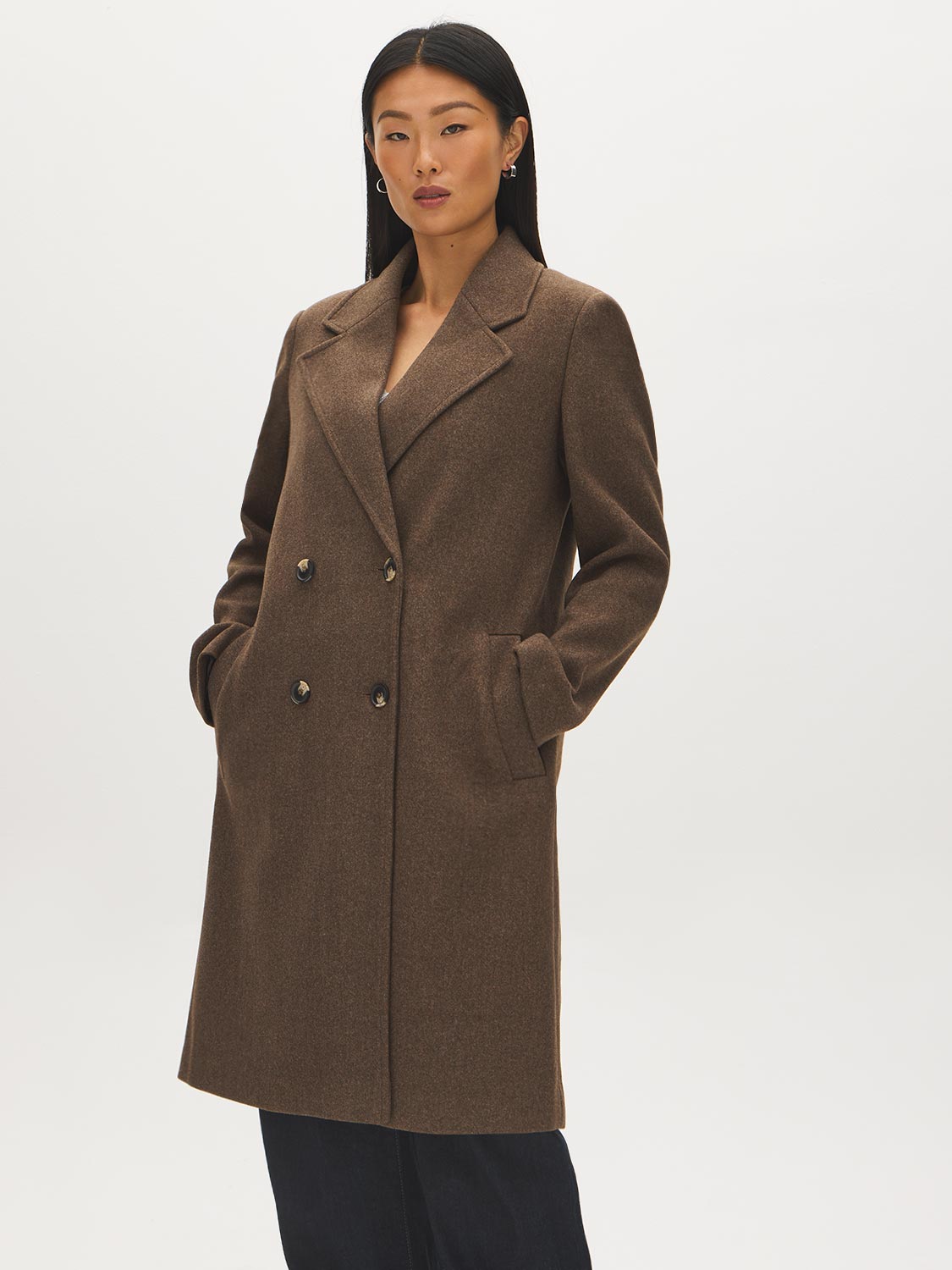 Latte Double-Breasted Faux Wool Coat - Woman Wearing Tailored Outerwear - Suzy Shier
