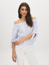 Yarn Dye Stripe Off-the-Shoulder Blouse - Woman Wearing Tie-Detail Sleeve Top - Suzy Shier