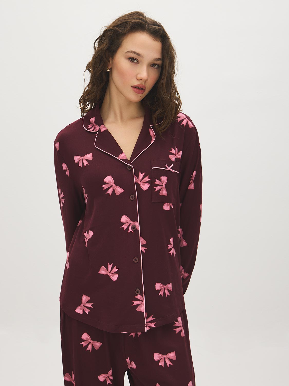 Burgundy Bows Print Pajama Set - Front View - Suzy Shier