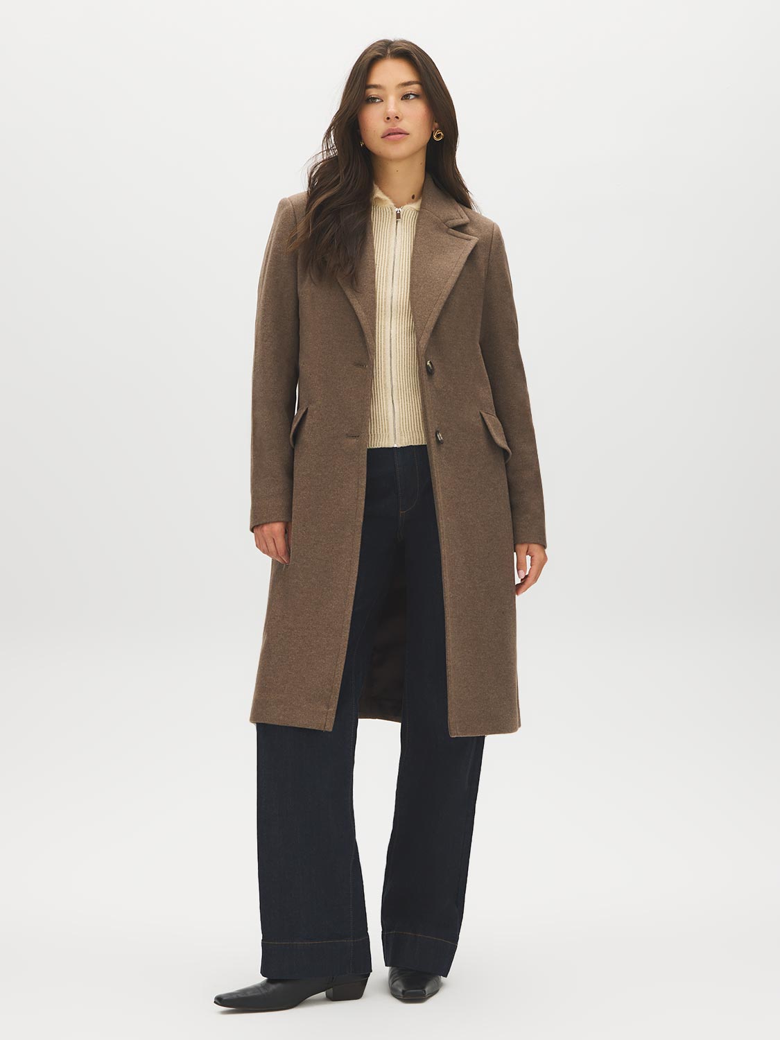 Brown Mix Single-Breasted Faux Wool Coat - Woman Wearing Lined Winter Outerwear - Suzy Shier