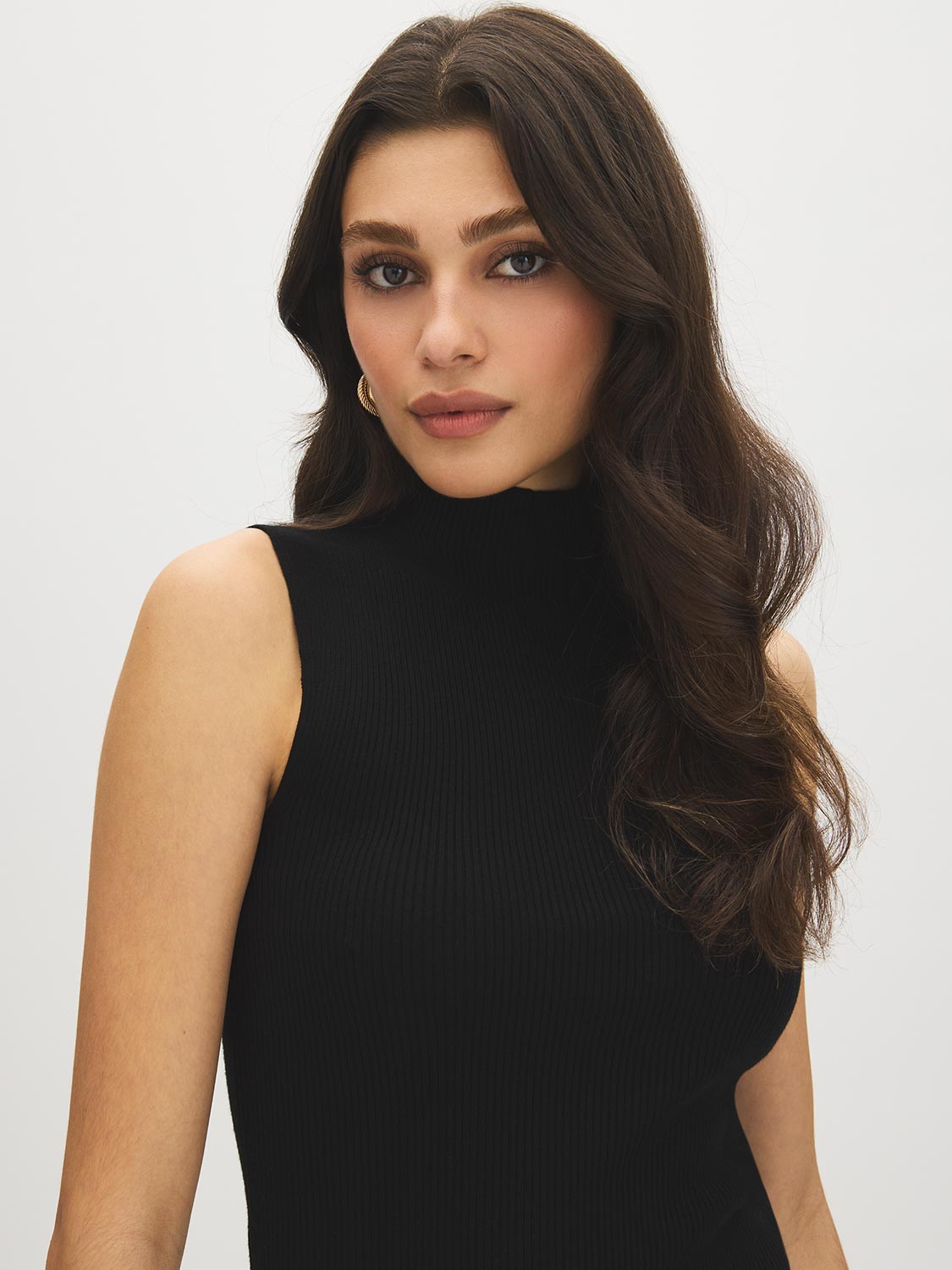 Black Sleeveless Ribbed Funnel Neck Sweater - Front View - Suzy Shier