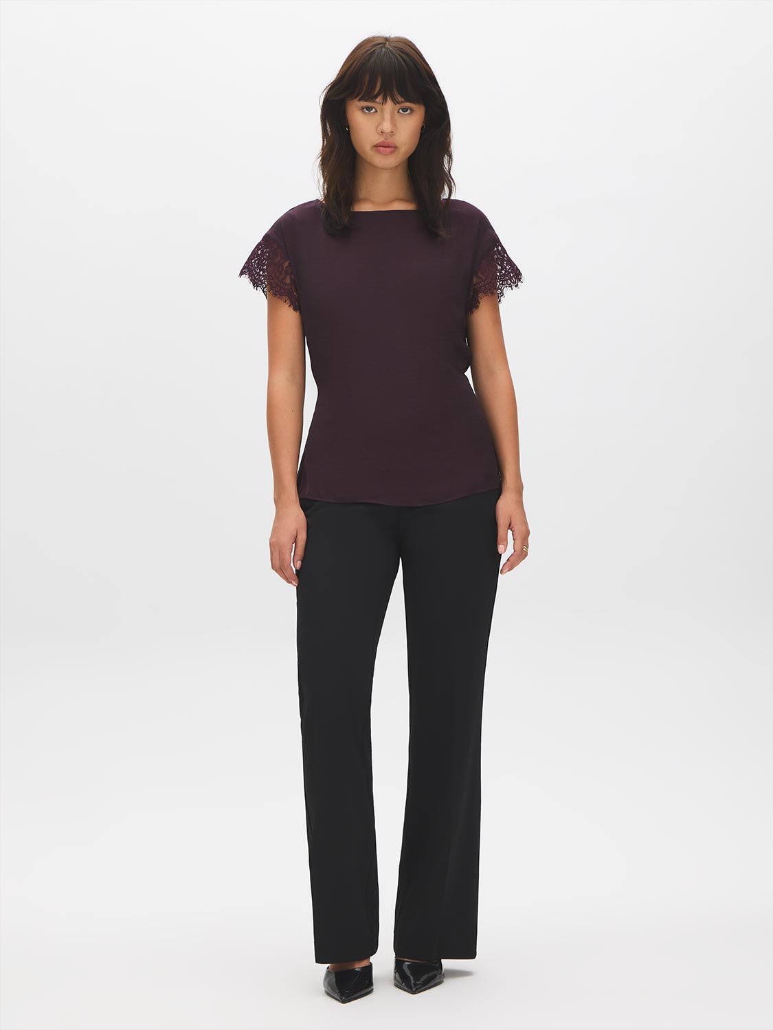 Midnight Plum Boat Neck Popover Top with Lace Trim - Full Front View - Suzy Shier