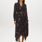 Jet Black Floral Print Chiffon Dress with Asymmetrical Skirt - Woman Wearing Long Sleeve Crossover Dress - Suzy Shier
