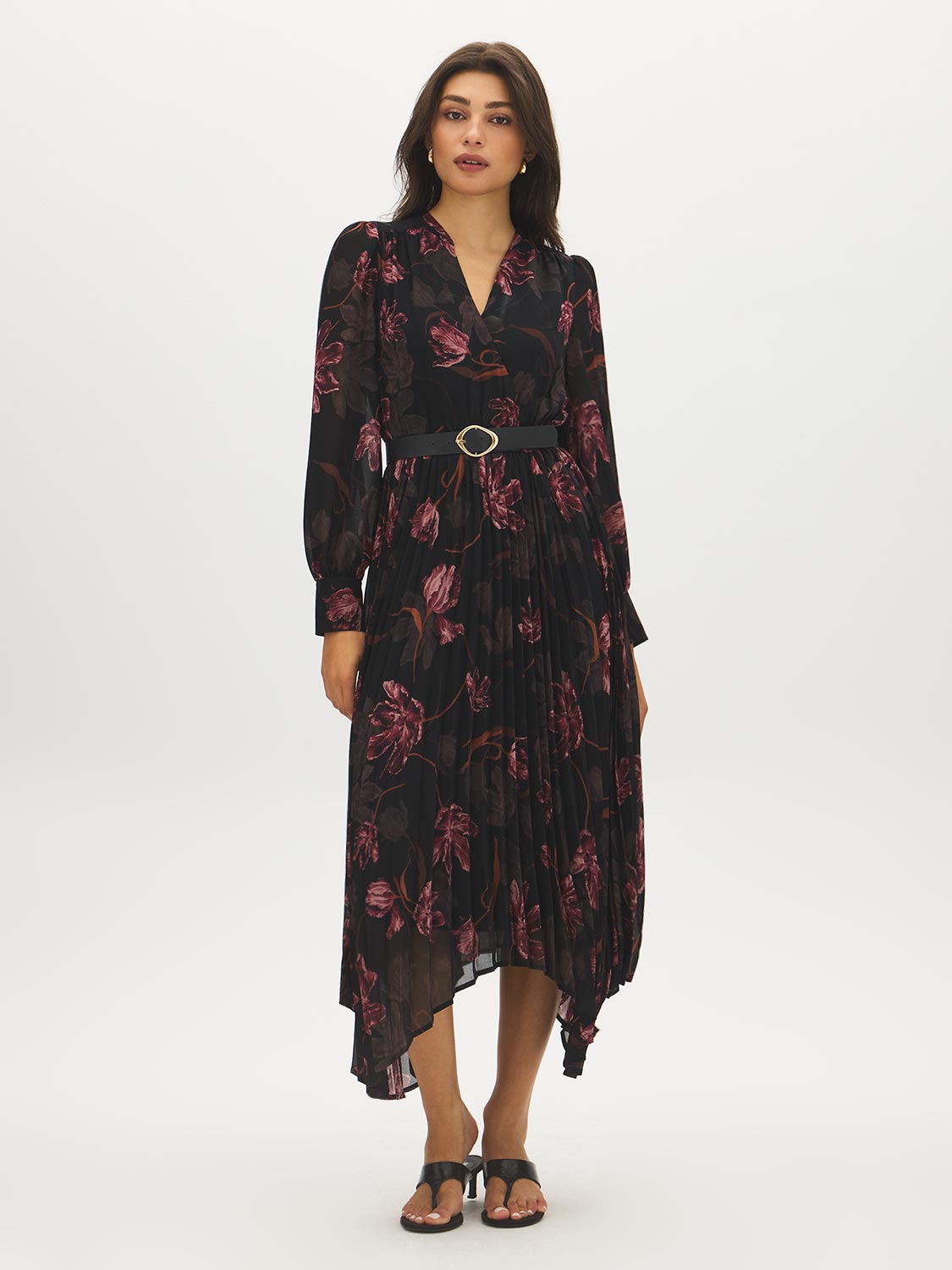 Jet Black Floral Print Chiffon Dress with Asymmetrical Skirt - Woman Wearing Long Sleeve Crossover Dress - Suzy Shier