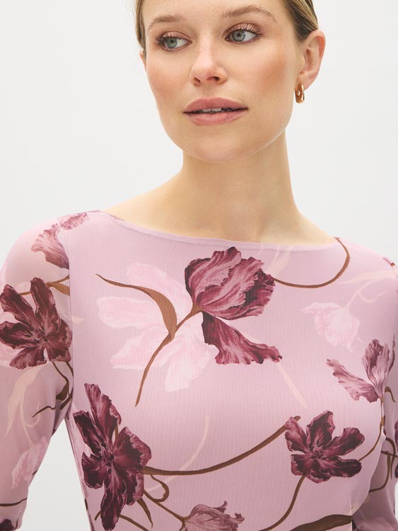 Dusty Pink Floral Mesh Boat Neck Top - Close-up Fabric Detail - Suzy Shier