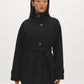 Taupe Melange Faux Wool Short Wrap Coat with Funnel Neck - Front View with Belt - Suzy Shier