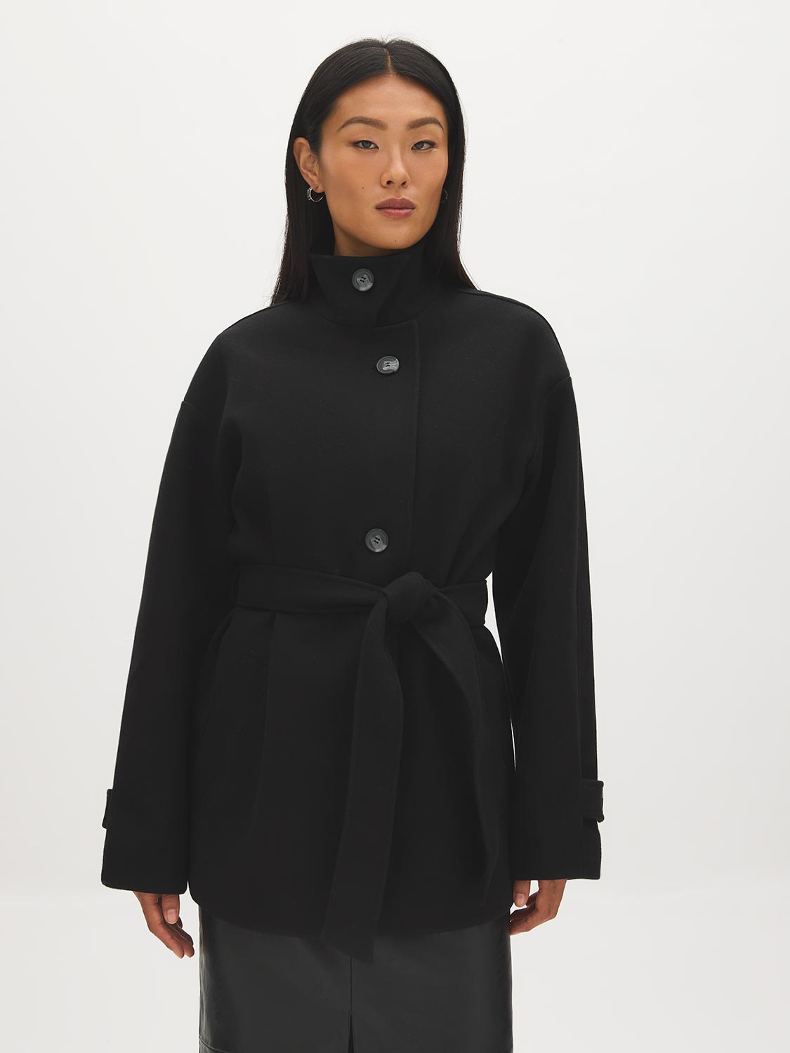 Taupe Melange Faux Wool Short Wrap Coat with Funnel Neck - Front View with Belt - Suzy Shier