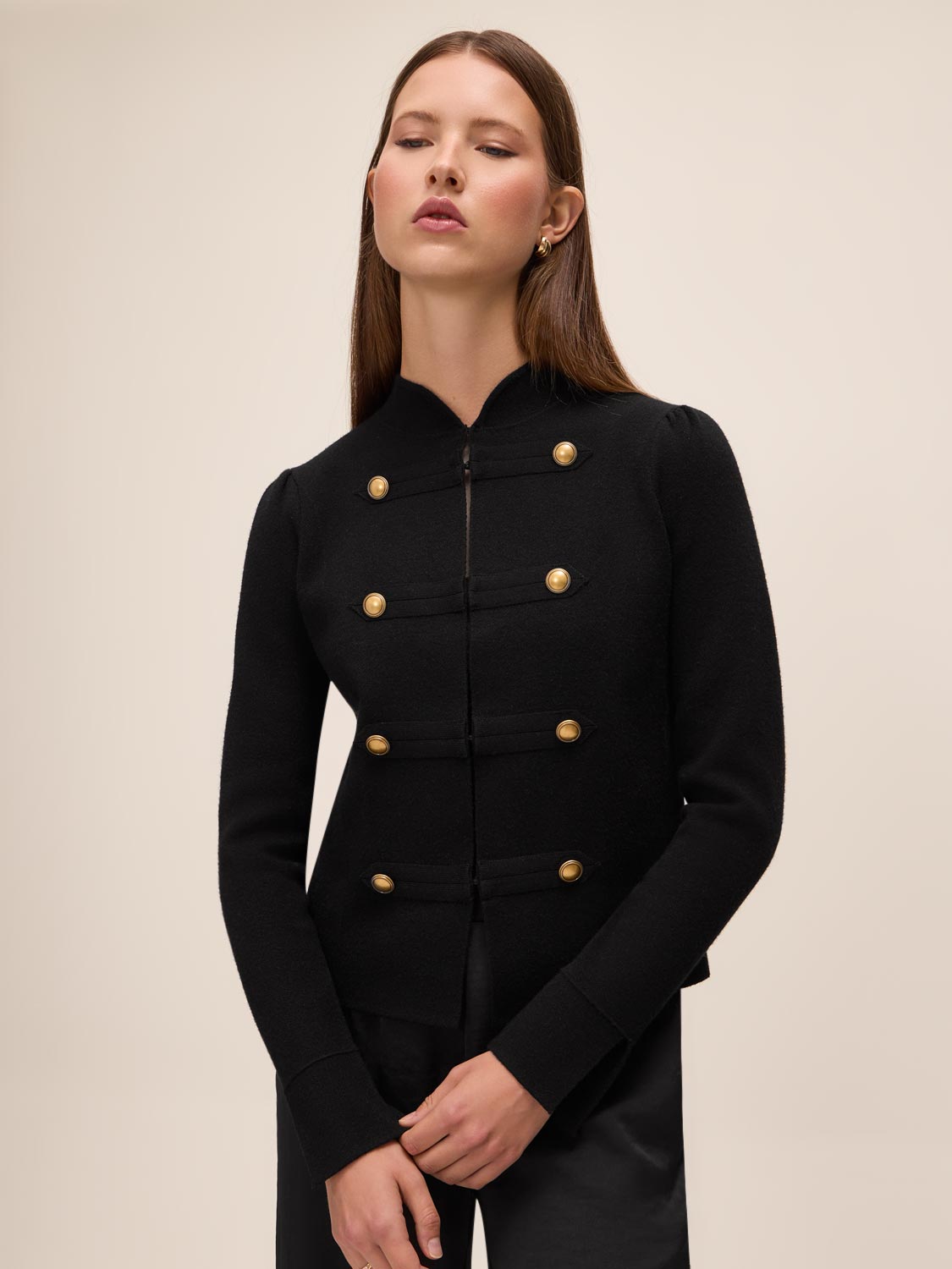 Black Military Style Knit Cardigan - Front View - Le Chateau