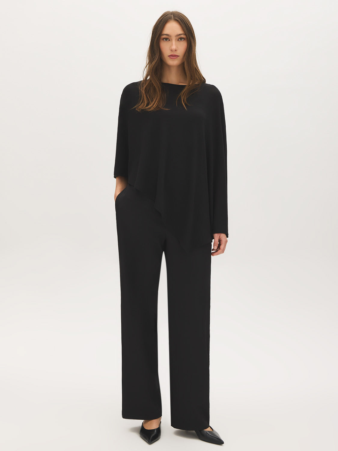 Jet Black Asymmetrical Knit Poncho Top - Front View - Suzy Shier