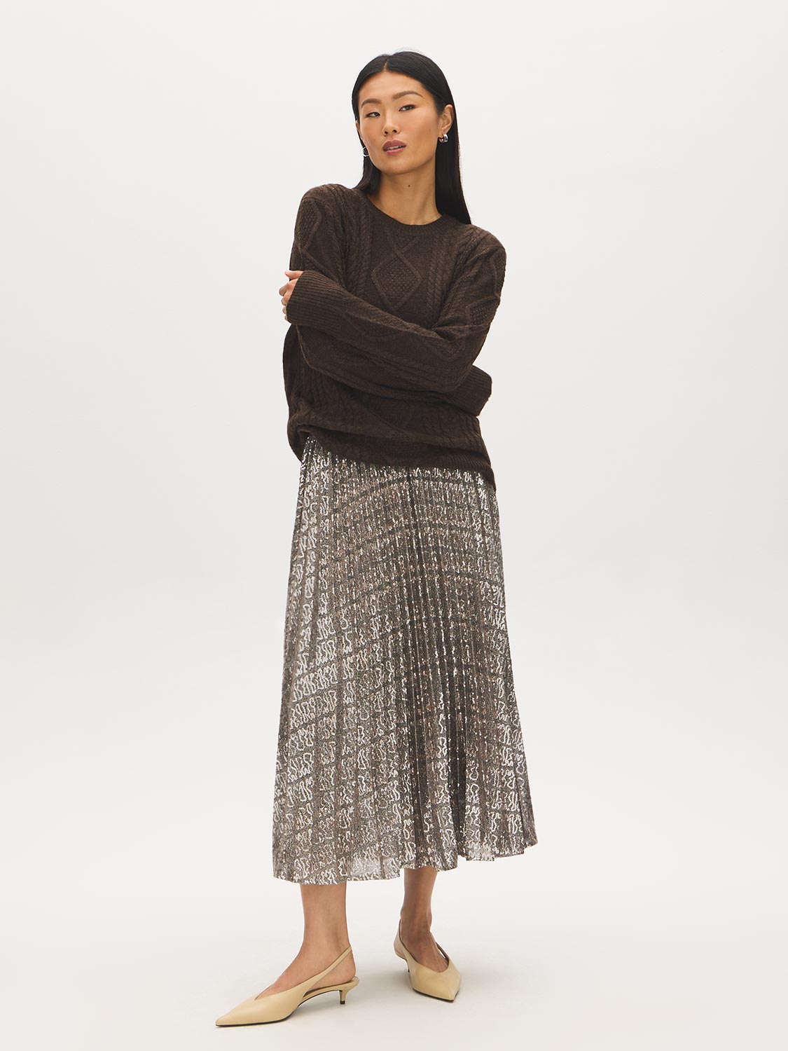 Gold and Silver Metallic Pleated Sequin Skirt - Full View - Suzy Shier