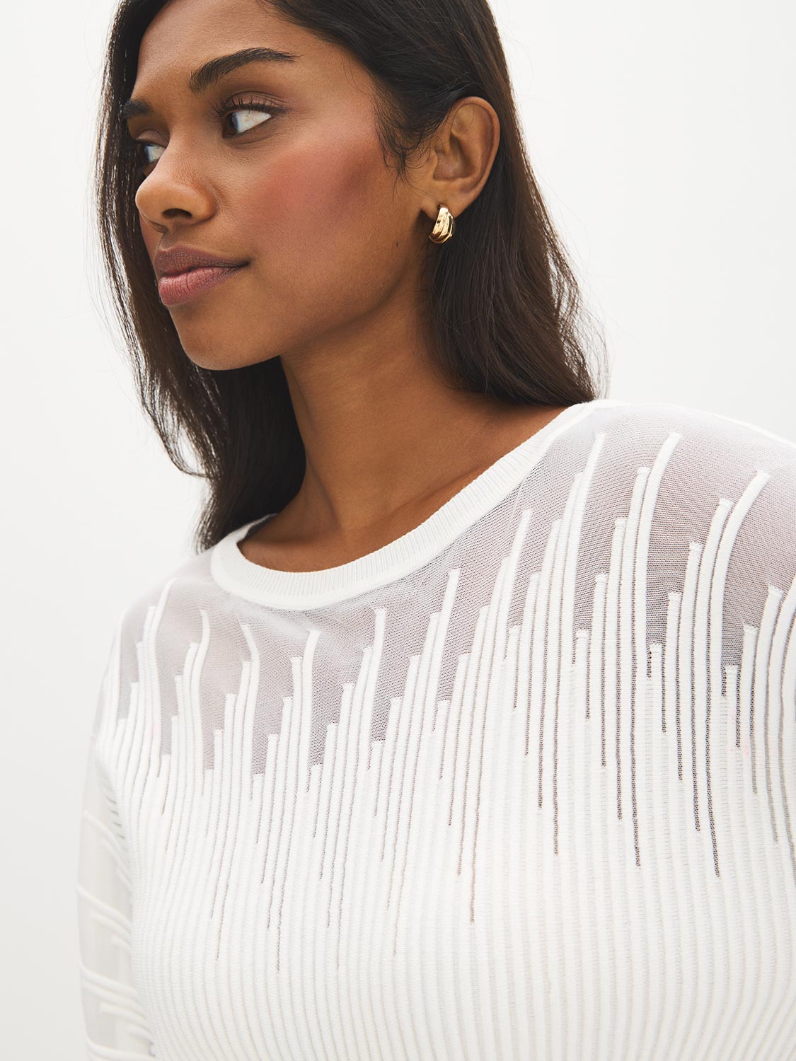 Pearl Mesh Detail Boat Neck Sweater - Close-up Fabric Detail - Suzy Shier