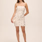 Antique Cream Sequin and Feather Mini Dress - Woman Wearing Evening Dress with Jewel Straps - Le Chateau