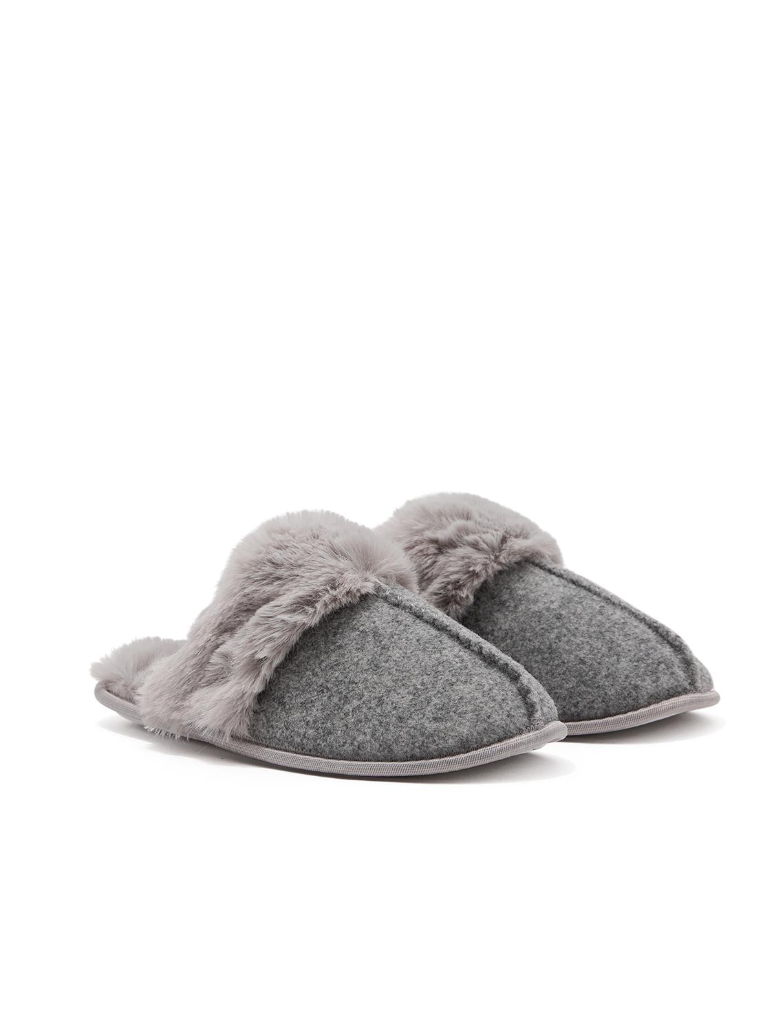 Natural Melange Faux Wool Slipper with Faux Fur Insole - Angled Pair View - Suzy Shier