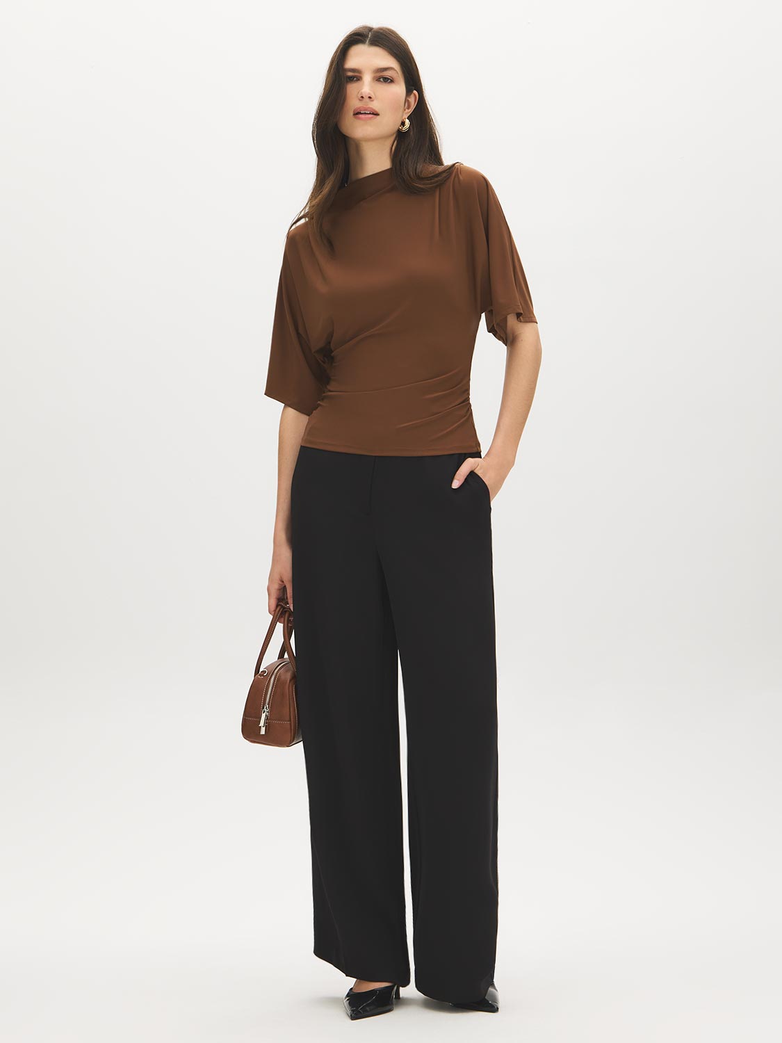 Bison Funnel Neck Knit Top with Kimono Sleeves - Side Profile View - Suzy Shier