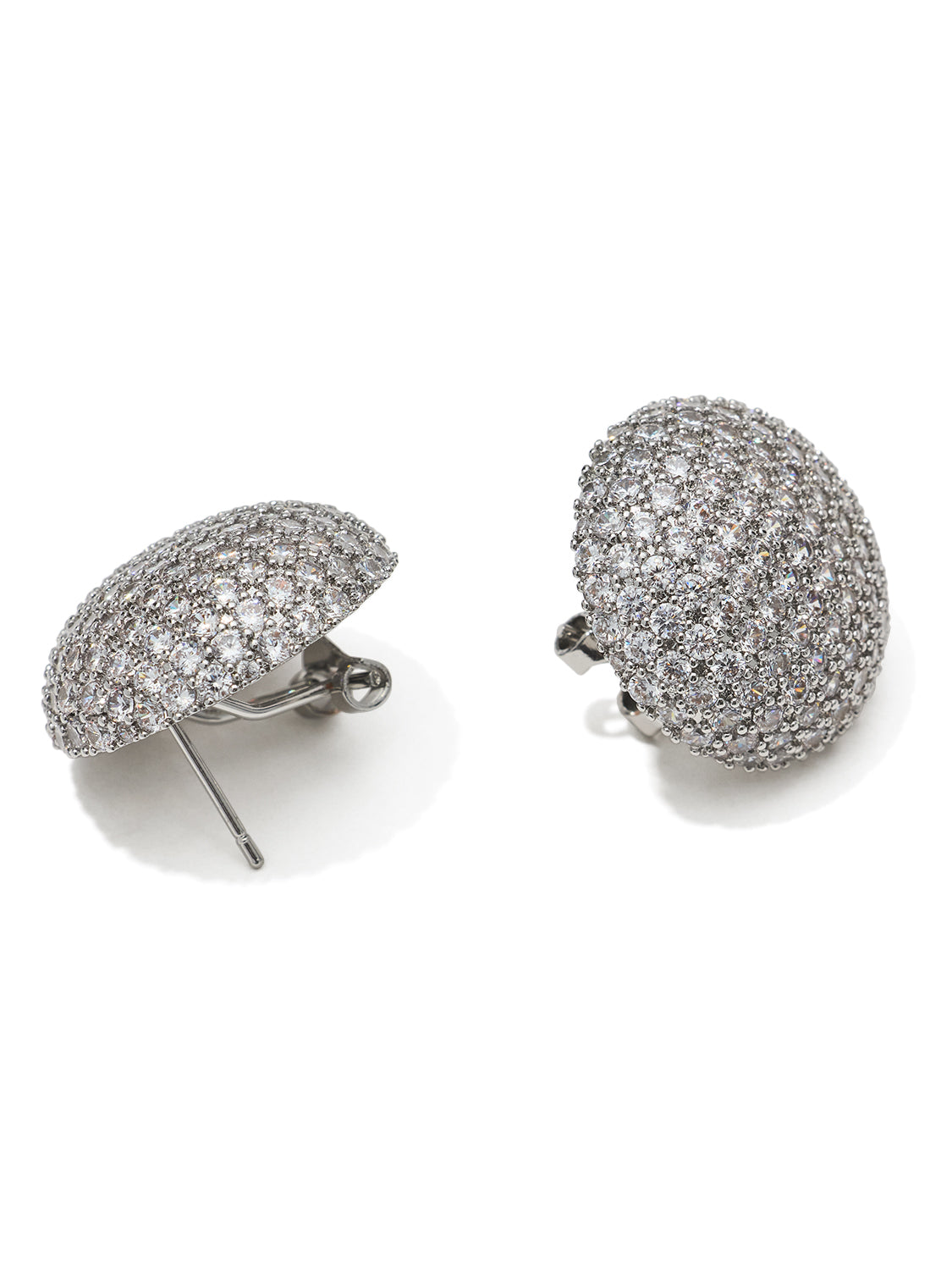 Silver/Clear Pave Button Earrings - Close-up of Sparkling Jewelry - Suzy Shier