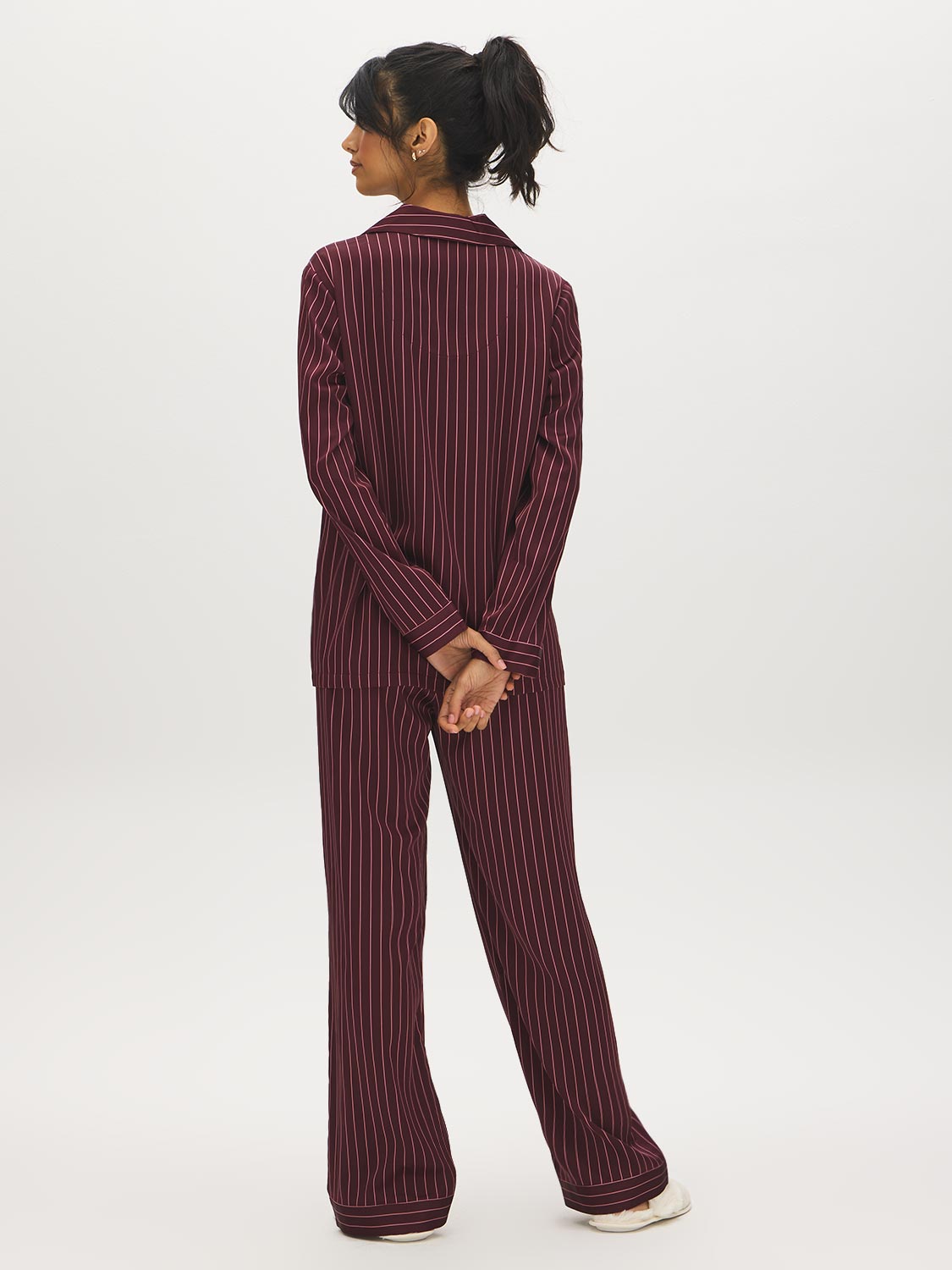 Burgundy Striped Satin Pajama Set - Back View - Suzy Shier