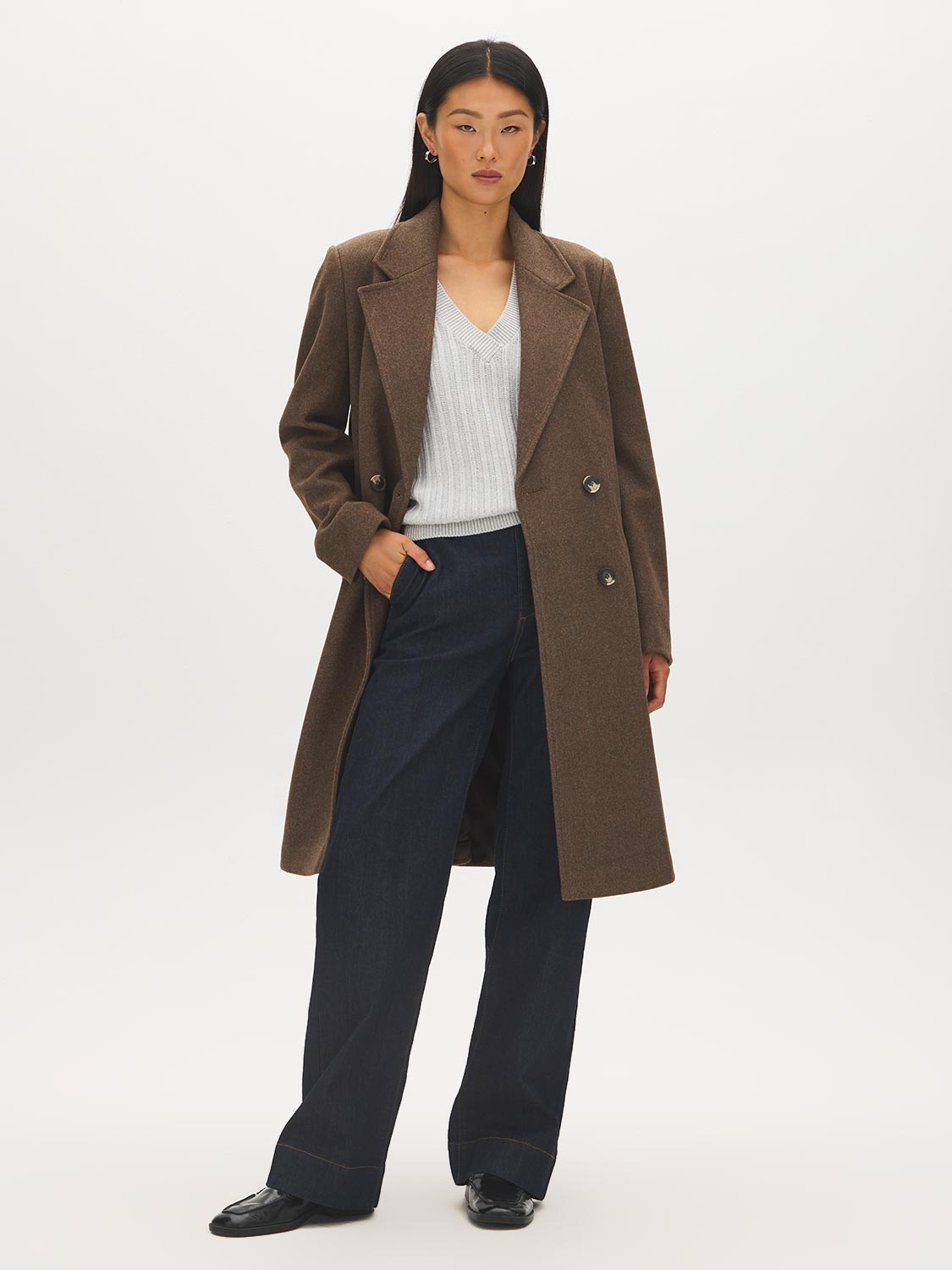Latte Double-Breasted Faux Wool Coat - Front View - Suzy Shier