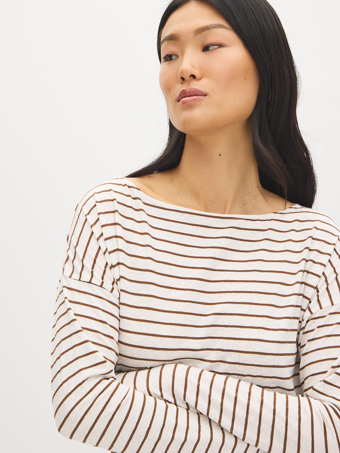 Bison/Snow White Striped Boat Neck Knit Top - Close-up Fabric Detail - Suzy Shier