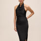 Black Draped Halter Neck Midi Dress - Side Profile View - Le Chateau