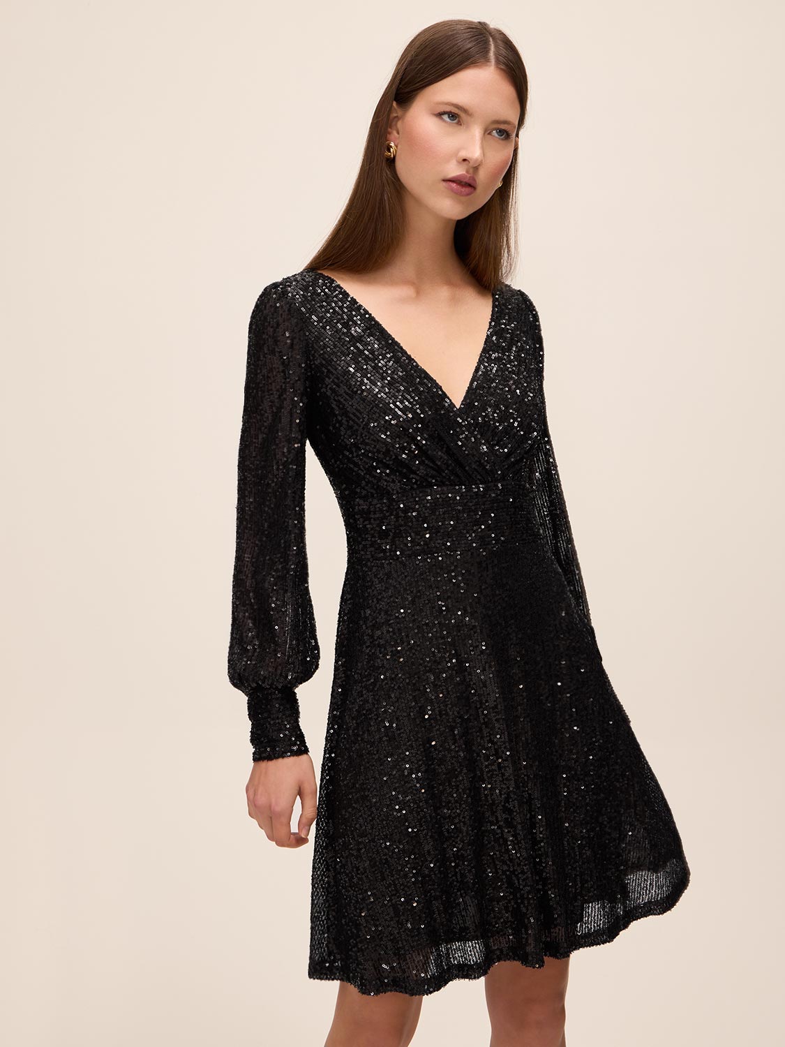 Black Sequin V-Neck Fit and Flare Mini Dress - Front View - Le Chateau