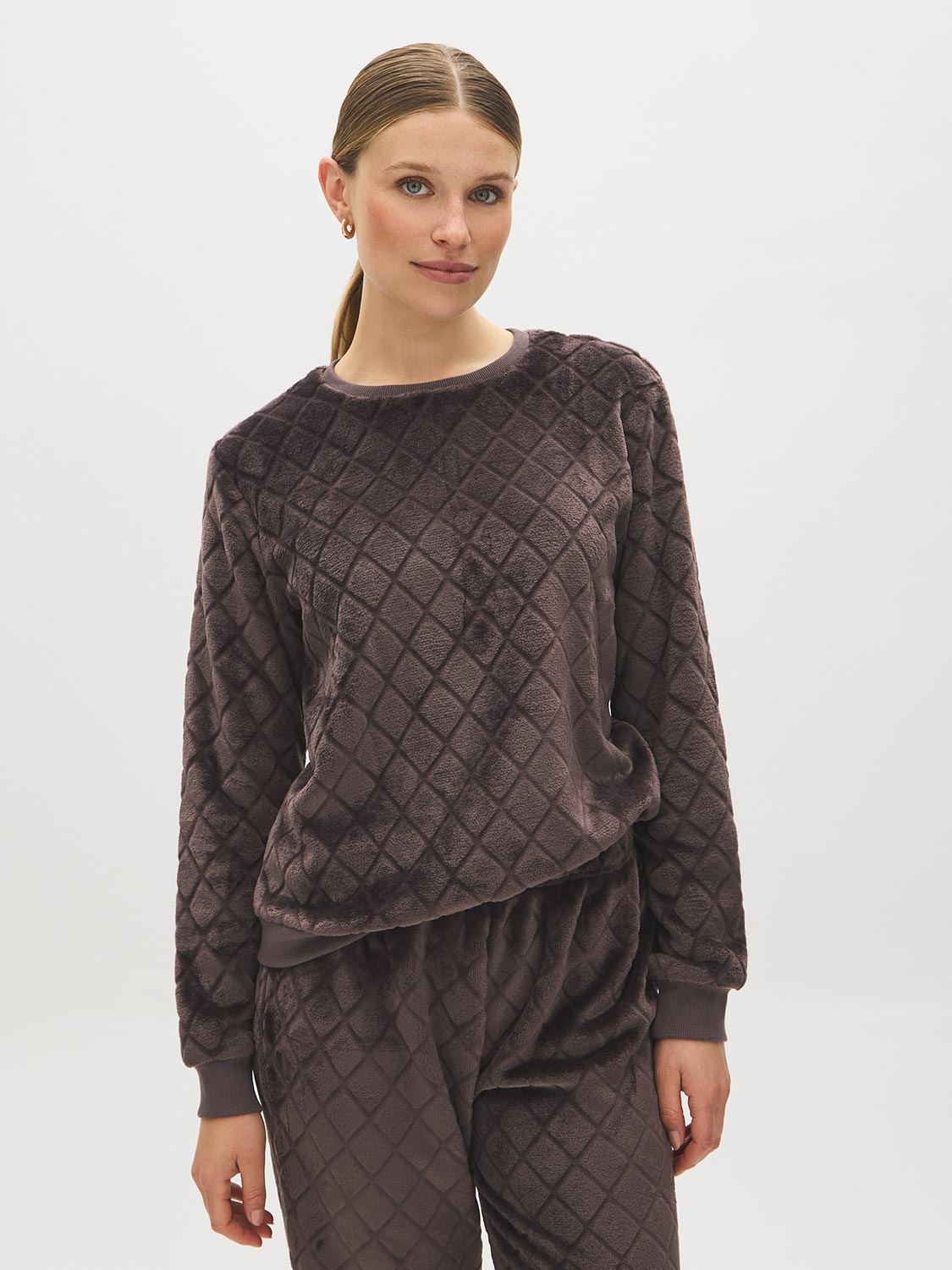 Coffee Diamond Pattern Plush PJ Set - Front View - Suzy Shier