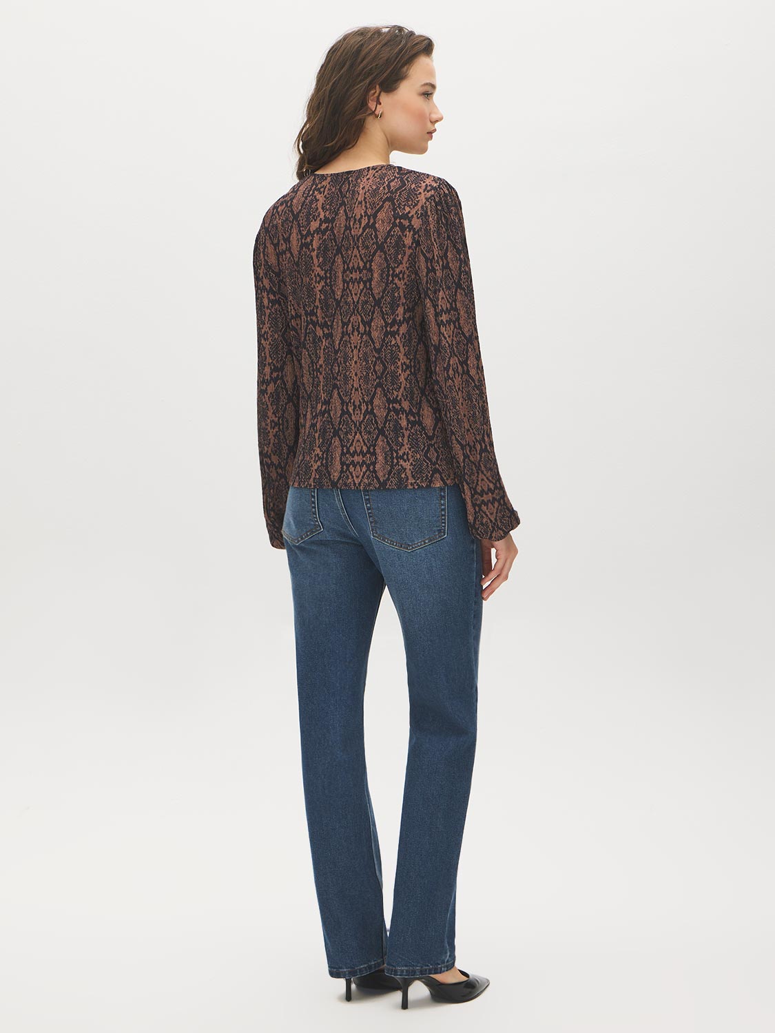 Black Snake Print Balloon Sleeve Top - Back View - Suzy Shier