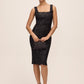 Black Square Neck Sleeveless Sequin Sheath Dress - Woman Wearing Classic Evening Dress - Le Chateau
