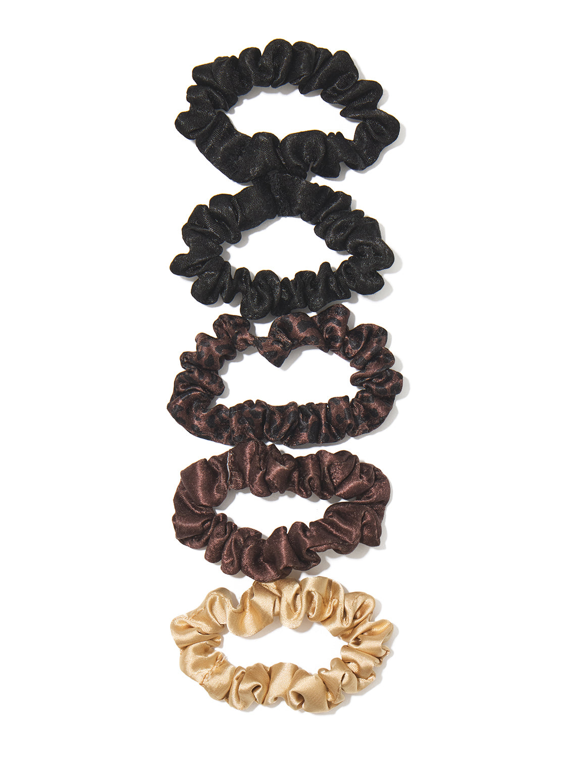 Multi Set of 5 Satin Scrunchies - Assorted Colors and Patterns Display - Suzy Shier