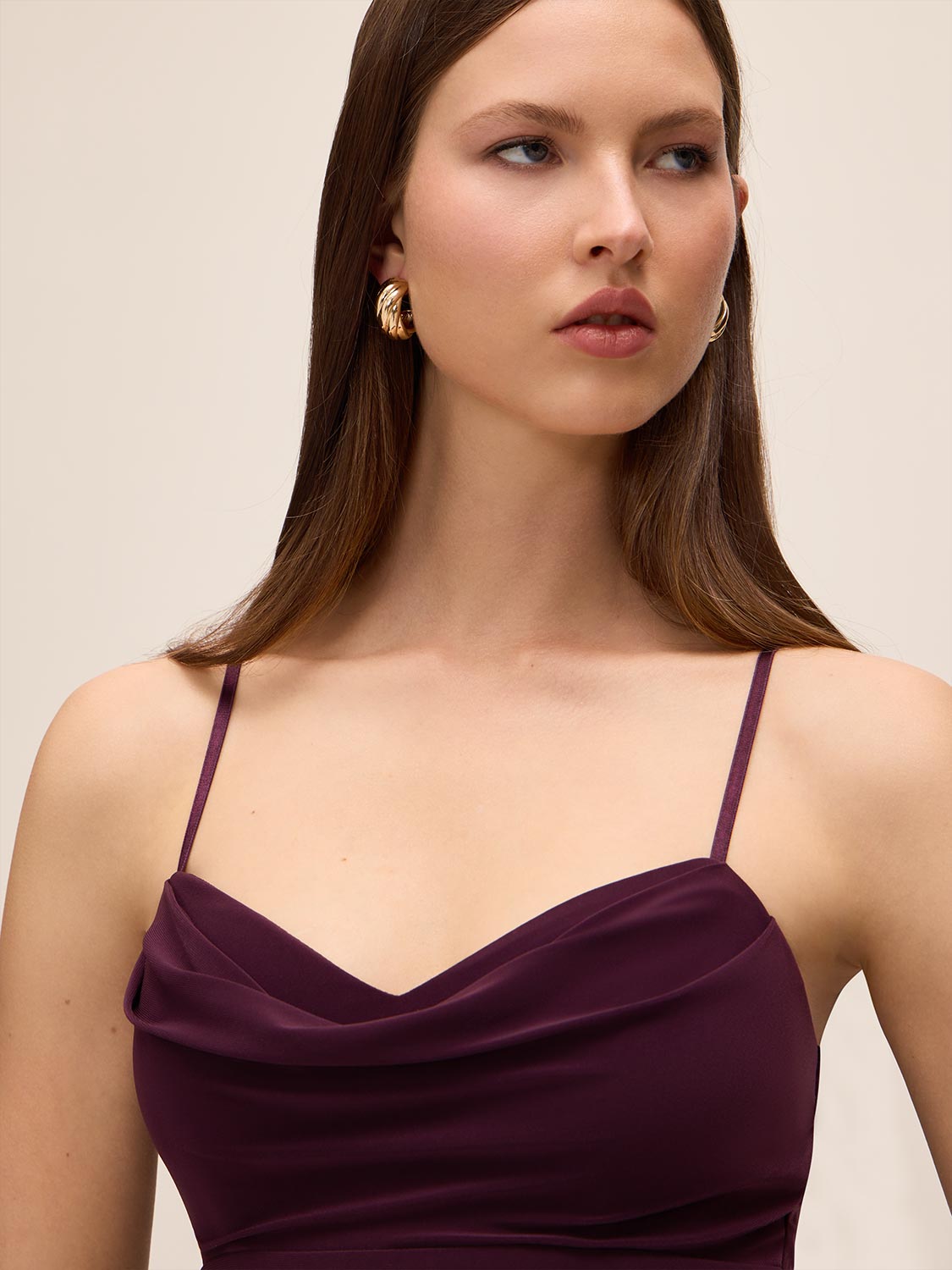 Black Cherry Cowl Neck Gown with Front Slit - Close-up Neckline Detail - Le Chateau