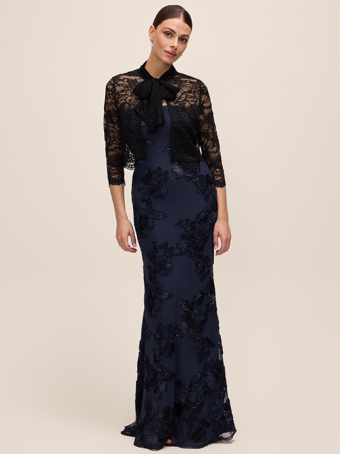 Black Lace Bolero with 3/4 Sleeves and Bow Ties - Front View - Le Chateau