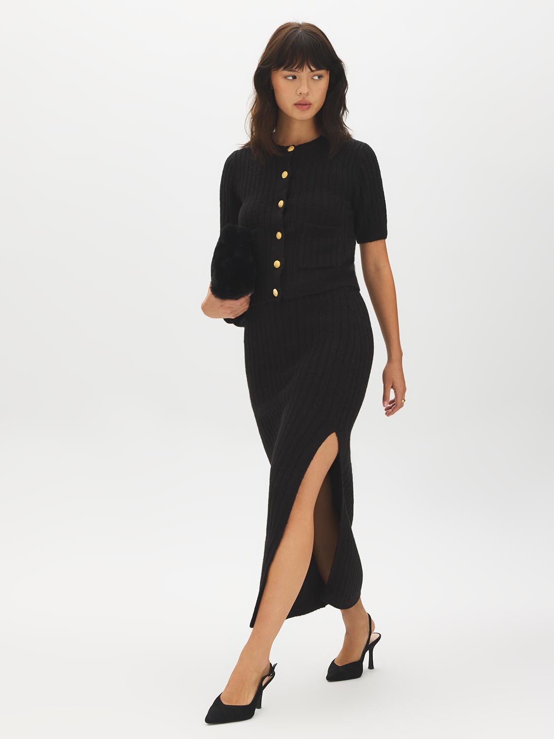 Black Short Sleeve Ribbed Cardigan - Front View - Suzy Shier