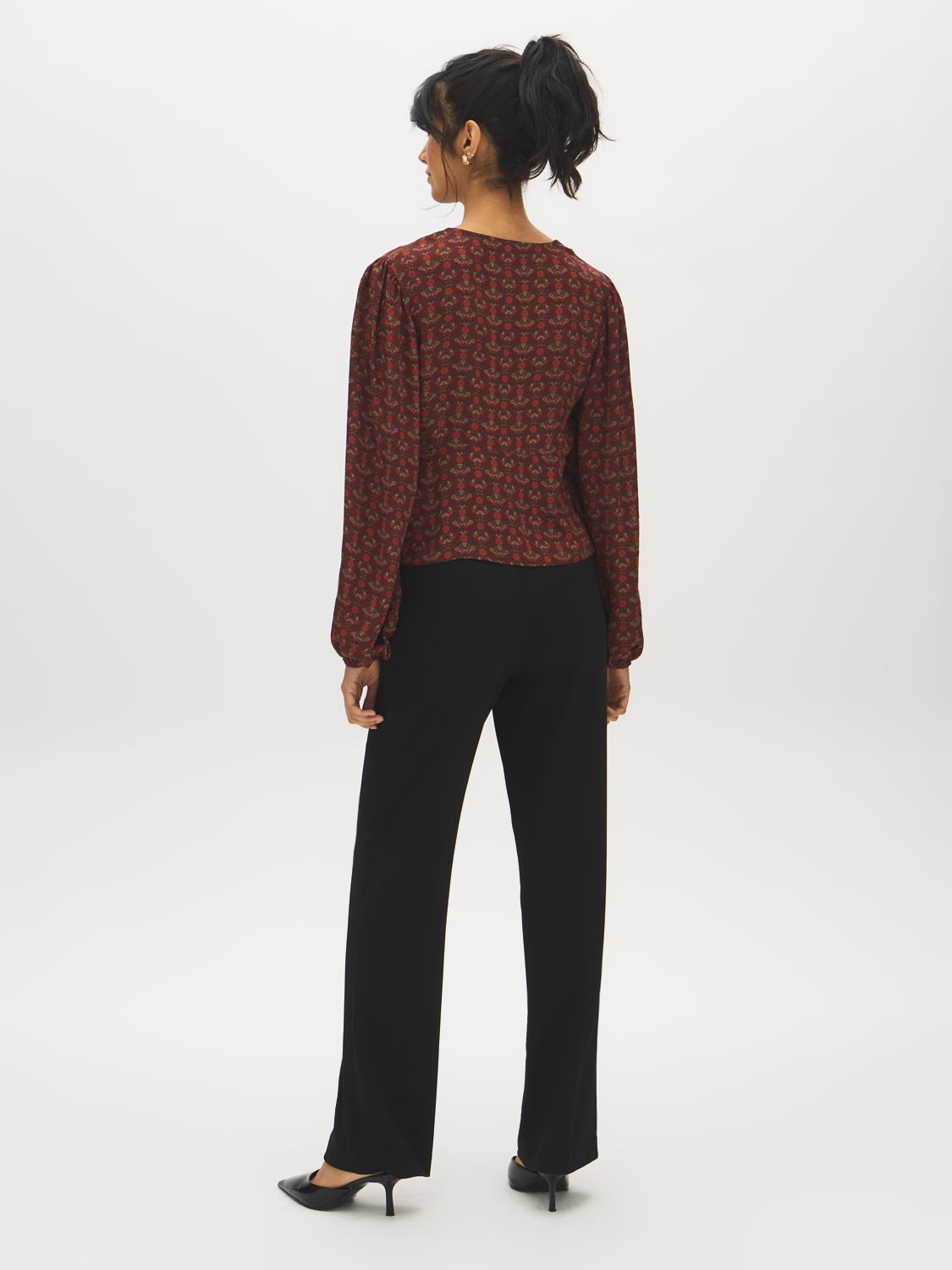 Coffee Bean Multi V-Neck Empire Cut Blouse - Back View - Suzy Shier