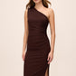 Chocolate One-Shoulder Sheath Dress with Heat Transfer Studs - Front View - Le Chateau