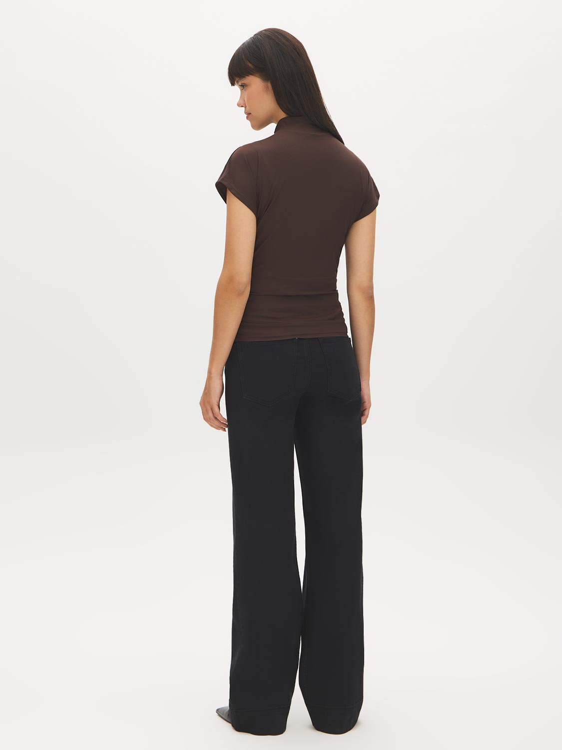 Coffee Bean Mock Neck Ribbed Top with Dolman Sleeves - Back View - Suzy Shier