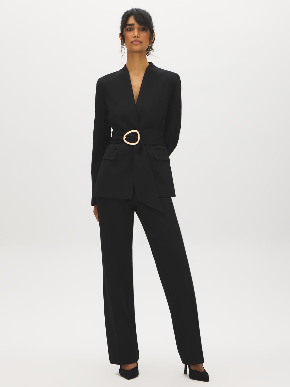 Black Collarless Knit Blazer with Sash Belt - Front View - Suzy Shier