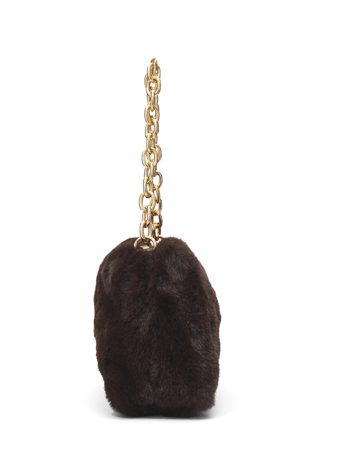 Brown Woven Faux Fur Bag with Gold Chain Handle - Side Profile View - Le Chateau
