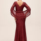 Burgundy Sequin Mesh Gown with Cape - Back View - Le Chateau