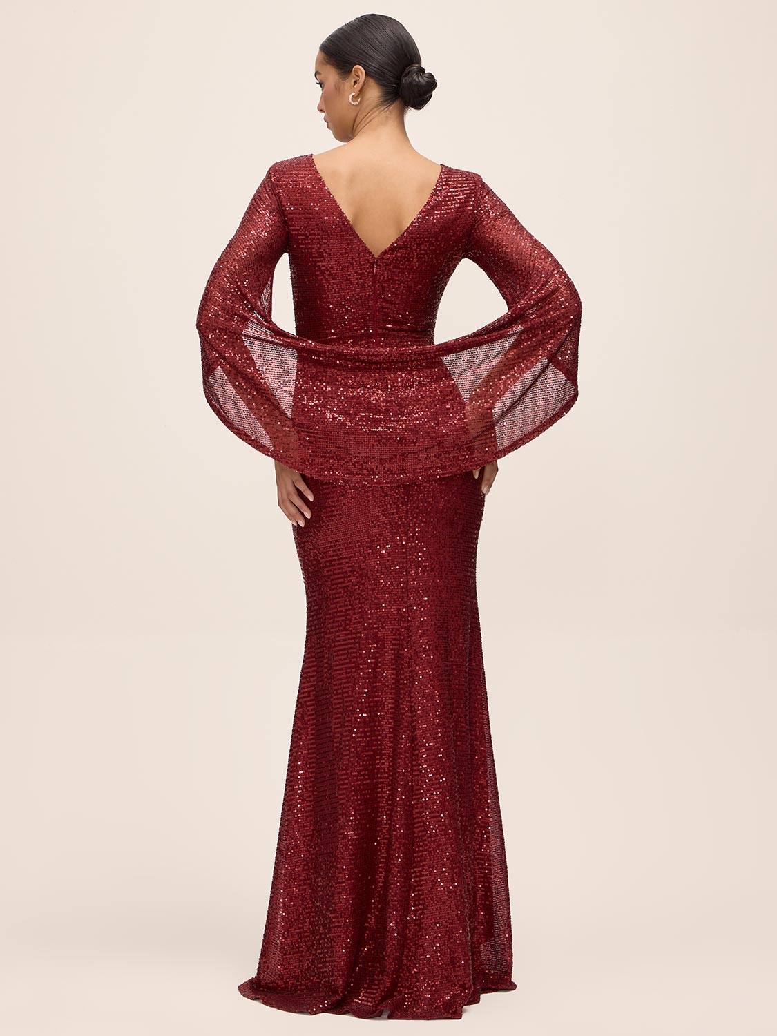 Burgundy Sequin Mesh Gown with Cape - Back View - Le Chateau