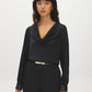 Black Satin Cowl Neck Blouse with Sequined Cuffs - Woman Wearing Elegant Evening Top - Suzy Shier