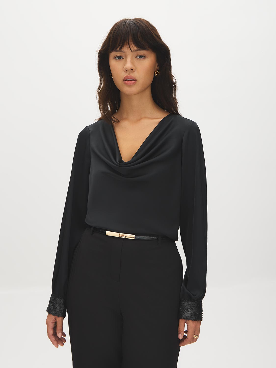 Black Satin Cowl Neck Blouse with Sequined Cuffs - Woman Wearing Elegant Evening Top - Suzy Shier
