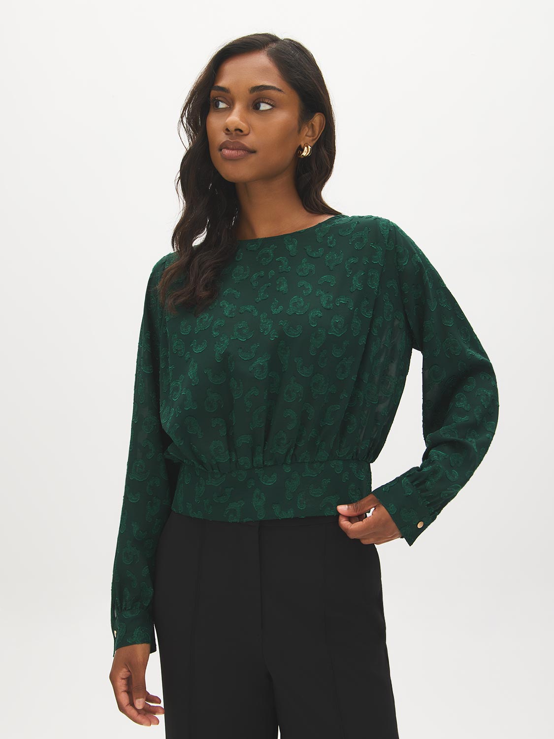 Scarab Flocked Popover Blouse with Pleated Shoulders - Side Profile View - Suzy Shier