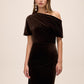 Chocolate Velour Gown with Asymmetrical Neckline - Front View - Le Chateau
