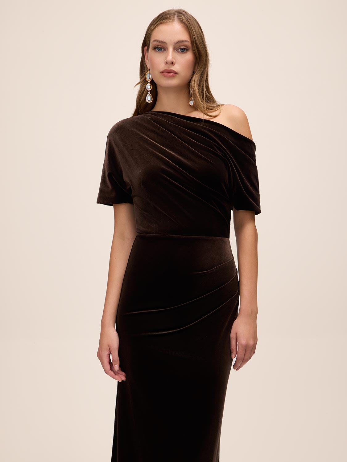 Chocolate Velour Gown with Asymmetrical Neckline - Front View - Le Chateau