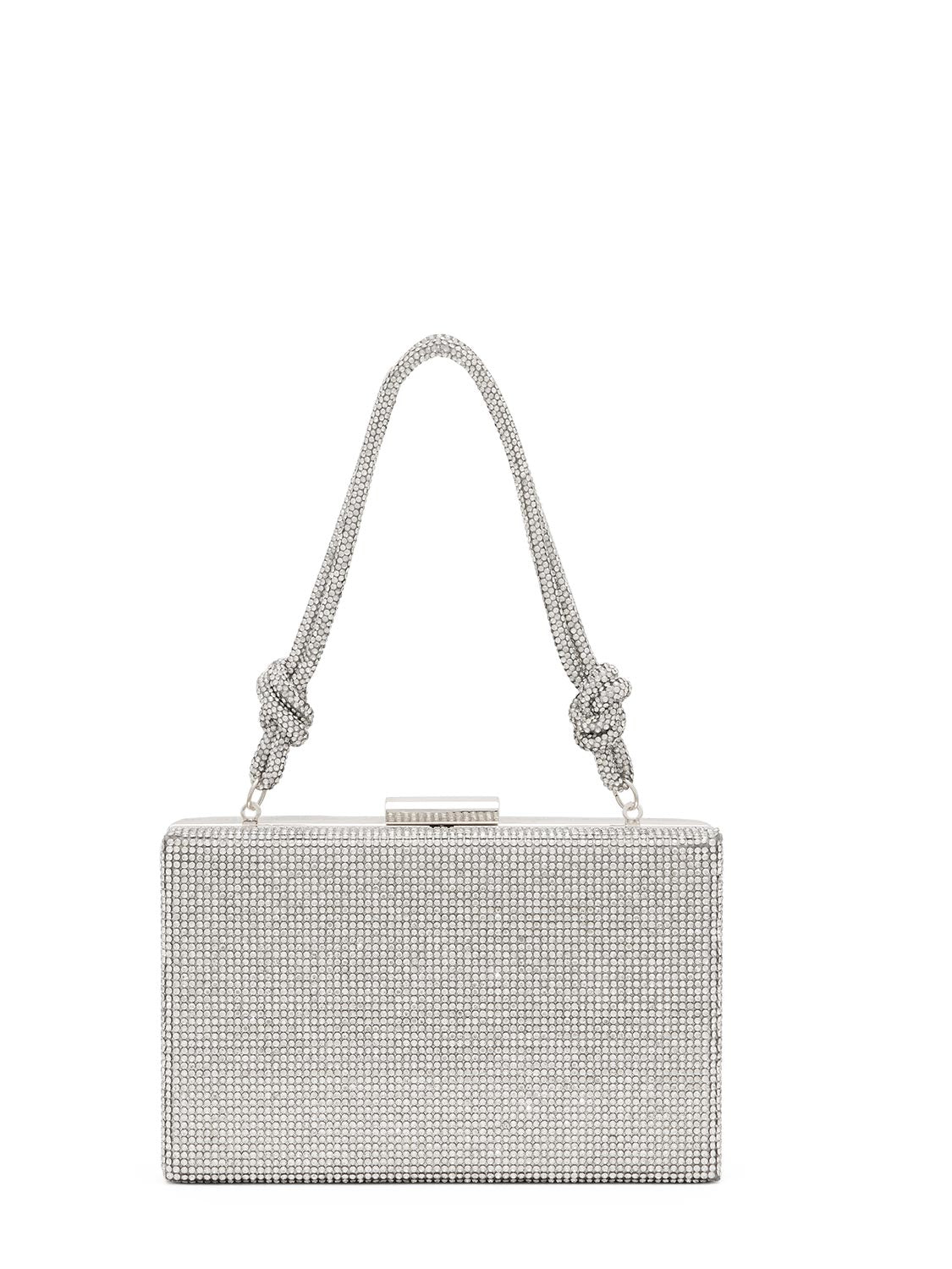 Silver Rhinestone Hard Case Minaudiere - Evening Bag with Jeweled Handle - Le Chateau