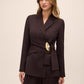 Chestnut Gold Trim Side Wrap Blazer - Woman Wearing Structured Evening Jacket - Le Chateau