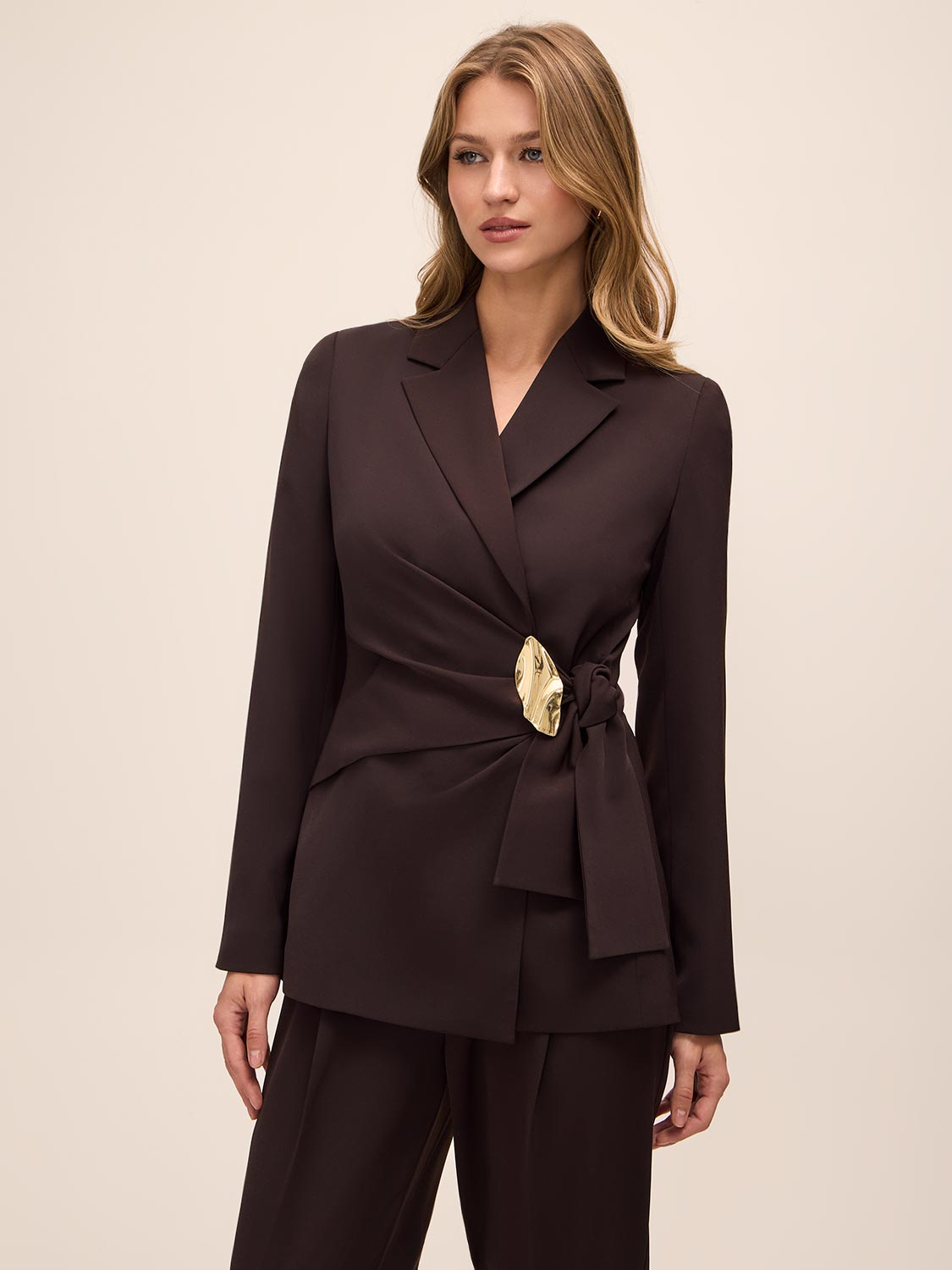 Chestnut Gold Trim Side Wrap Blazer - Woman Wearing Structured Evening Jacket - Le Chateau