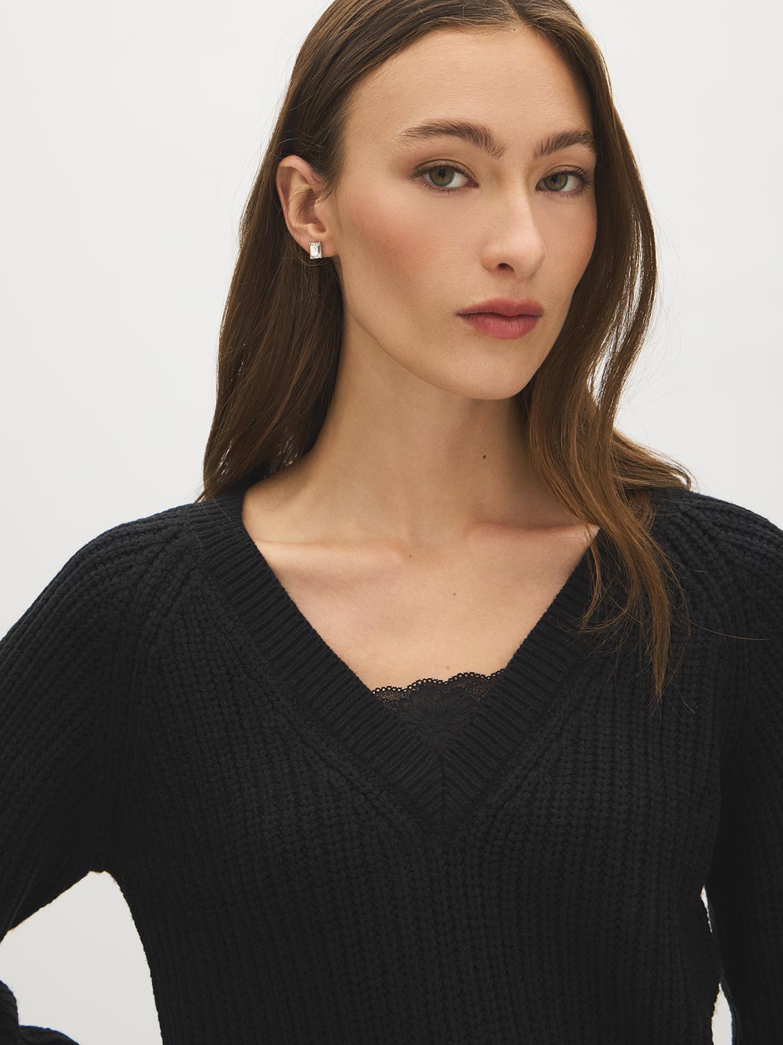 Black Lace Trim V-Neck Knit Sweater - Close-up Fabric Detail - Suzy Shier