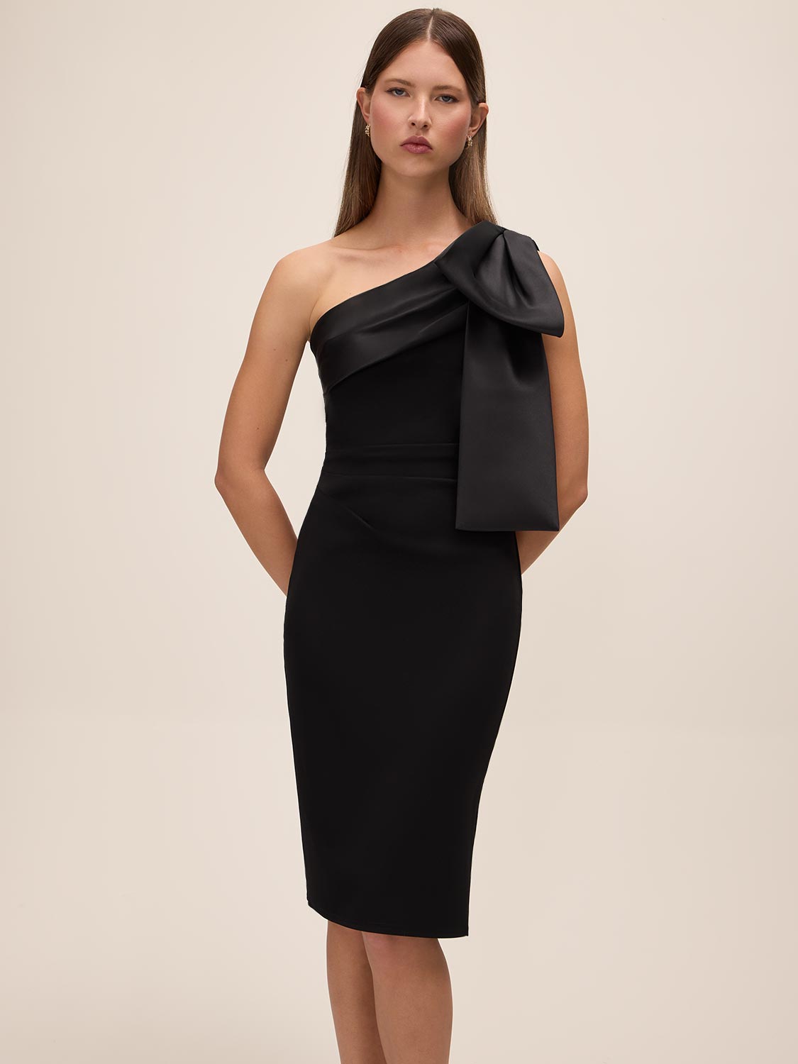 Black One-Shoulder Knit Crepe Sheath Dress - Front View - Le Chateau