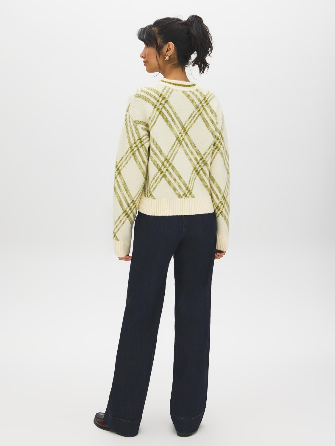 Off White/Green Jacquard Crew Neck Sweater - Back View - Suzy Shier